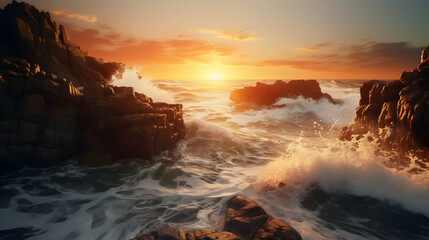 Rocky coastal cliffs with waves gently crashing below, as the sun sets