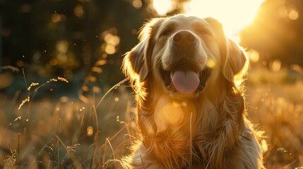 Adorable Golden Retriever Puppy in Meadow at Sunset