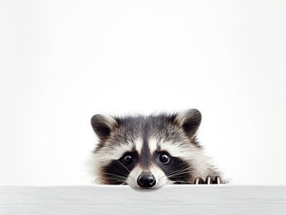 Cute raccoon peeks out on a white background.