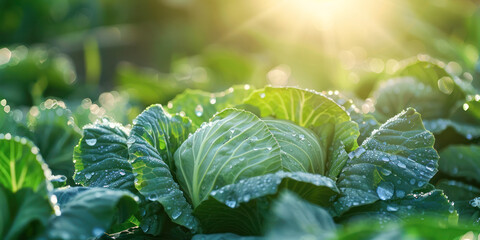 Dew on Cabbage Leaves in Morning Light. The tender leaves of cabbage glisten with morning dew, illuminated by the soft, golden rays of the early sun, in a lush vegetable garden. - obrazy, fototapety, plakaty