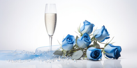 A glass of champagne or sparkling wine with a bouquet of blue roses on a white background.