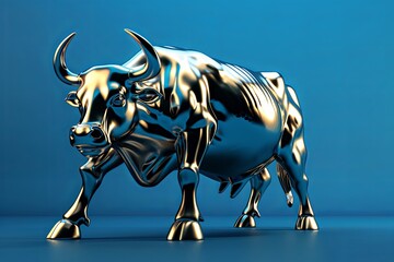 Metallic dynamic shiny bull on a blue background.