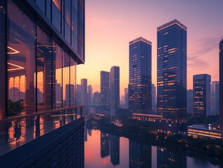 A skyline office building scene at twilight