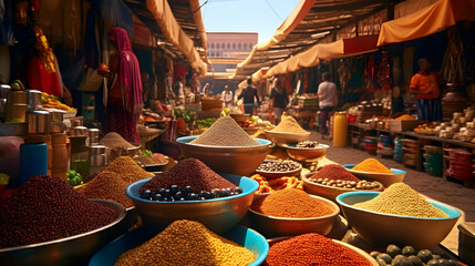 The colorful and bustling markets of Marrakech, Morocco,