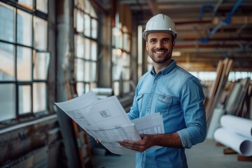 Smiling male engineer in hardhat with blueprints at construction site embodying professional expertise and planning concept - obrazy, fototapety, plakaty