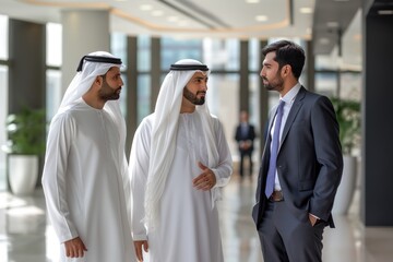 Group of Emirati men in discussion at modern office symbolizing cultural business communication and partnership concept - obrazy, fototapety, plakaty
