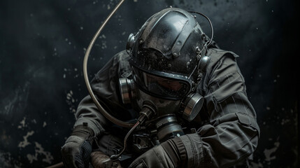 Naklejka premium War - A brave bomb disposal expert carefully disarming a dangerous explosive device, tension palpable as he works against the threat of destruction.