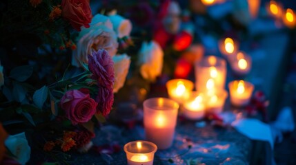 A memorial filled with flowers and candles for bomb attack victims, with mourners under the soft light of the flames.