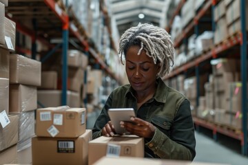 Focused logistics manager with tablet in warehouse, highlighting supply chain efficiency, inventory management, and operations concept - obrazy, fototapety, plakaty