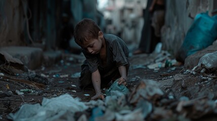 A child searches for food in trash, hunger and rot fill the air, war destroys the city and the people dignity.