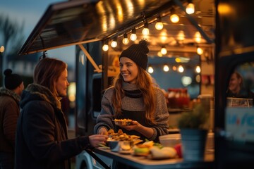 Obraz na płótnie Canvas Friendly food truck vendor serving a happy customer on a chilly evening, Concept of urban street food and cheerful community engagement