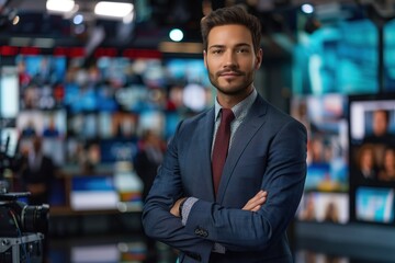 Obraz premium Confident male news anchor in studio with screens displaying multiple channels, embodying professionalism and credibility, Concept of media, information, and current events.