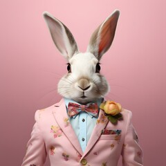 Obraz na płótnie Canvas Portrait of a rabbit wearing a high fashion outfit. Rabbit mannequin. Pastel pink background.