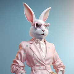 Model girl rabbit in pastel pink wardrobe. Sunglasses and high fashion. Blue background.