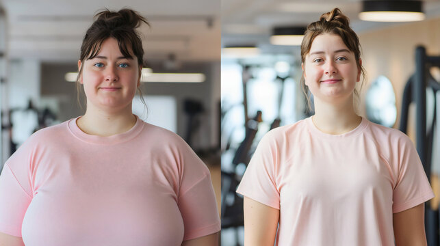 Side by side comparison of the same woman before and after the weight loss program, dieting and working out in the gym. Healthy lifestyle and training or exercise leading to slimming, leaner body