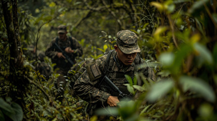 Fototapeta premium Soldiers doing hard army practice in a thick wood, their green clothes matching well with the nature as they move through many plants and rough land.