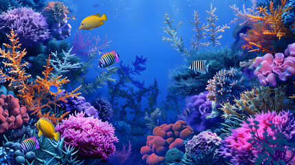 Naklejka na ściany i meble Vibrant Underwater Ecosystem with Coral Reef of various species and Tropical Fish on deep blue ocean background.