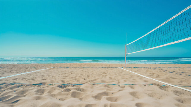 Volleyball court on the sand beach with the volleyball net. Sea or ocean waves behind