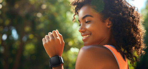 Closeup portrait of the beautiful young African American woman with curly hair jogging or walking outdoors on a sunny summer day, wearing a black fitness smartwatch device around the wrist, health