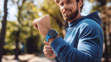 Closeup of the man jogging or walking outdoors on a sunny summer day, exercising or training outside and wearing a blue fitness smartwatch device around the wrist, healthy activity, tracking pulse