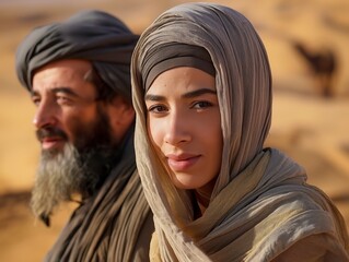 Close-up of a man and woman in traditional headscarves with a serene desert backdrop.