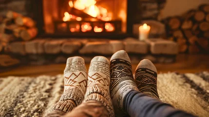 Fotobehang Closeup of the couple's legs and feet, man and woman lying near the fireplace in a cozy room interior. Winter season cold weather, holiday or vacation, comfortable cabin indoors © Nemanja