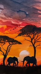 Watercolor African savannah at sunset