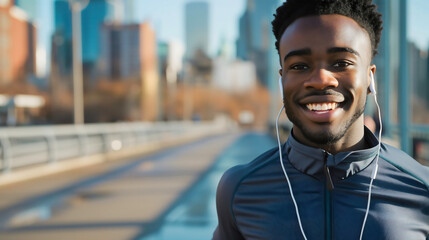 Portrait of a handsome young African American man jogging, running or walking outdoors on a sunny summer morning. Wearing a tracksuit and earphones, looking at the camera and smiling. Copy space