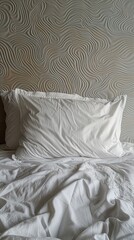 a bedroom showing white and grey walls, in the style of beijing east village, textile installation, photorealistic detail, pure color, sheet film, hard-edged lines, soft, romantic scenes