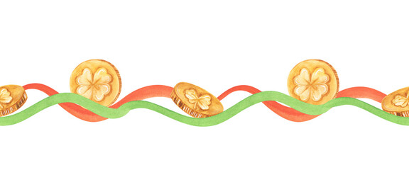 Hand drawn seamless border, orange and green ireland colors stripe watercolor pastel strokes. Golden coins. St. patrick's day stripes, cute wavy paintbrush line backdrop