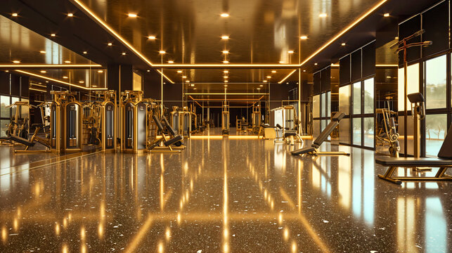 Wide angle photography of an empty modern gym room interior full of weights, bars and racks. Golden details and shiny floor in the room, no people, nobody, copy space