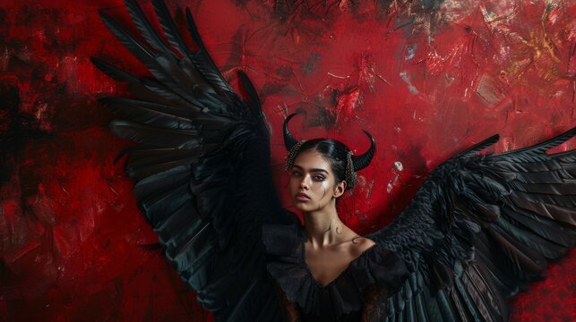 Portrait of Erinyes the goddess with black wings over dark red texture background.