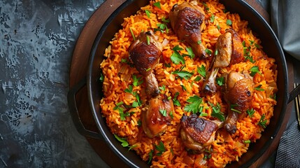 jollof rice dish with spicy tomato sauce and tender chicken
