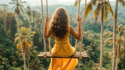 Rearview of the young woman with curly brunette hair, wearing a yellow dress and sitting on a wooden swing with ropes, swinging high in the air above the palm trees and meadows on a summer day - obrazy, fototapety, plakaty