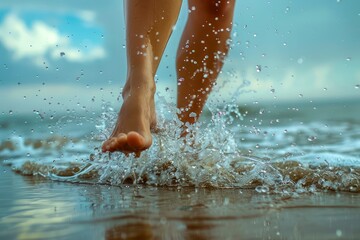 Close-up of Human Feet Walking on Beach Shoreline with Splashing Water and Vivid Skies in the Background