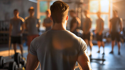 Rearview of the handsome and fit young man, male fitness instructor or coach standing in the modern gym interior in front of the group of young people who came for a group workout or training indoors - obrazy, fototapety, plakaty