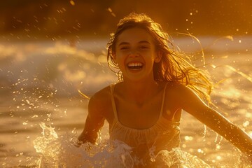 Obraz premium Radiant Young Girl Laughing and Playing in Ocean Water at Sunset with Golden Sunlight and Splashing Waves