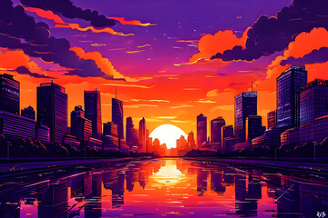 Cityscape Canvas: Evening Palette of Warmth and Purple.  Generative Ai