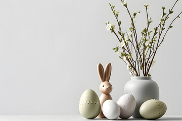 easter rabbit figurine and colored eggs, minimalist composition of ceramic bunny on white background, dyed eggs and flowers, modern christian holiday - obrazy, fototapety, plakaty