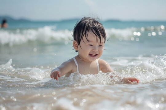 Photo of young child playing at the beach, summer beach vacation