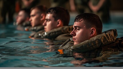 Water survival training in a pool for trainees, their faces have resolve and grit, they master life-saving and drown-proofing skills, their instructors observe, they are prepared for any difficulty.
