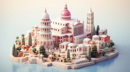 Cute isometric 3D rendering of iconic Italian landmarks