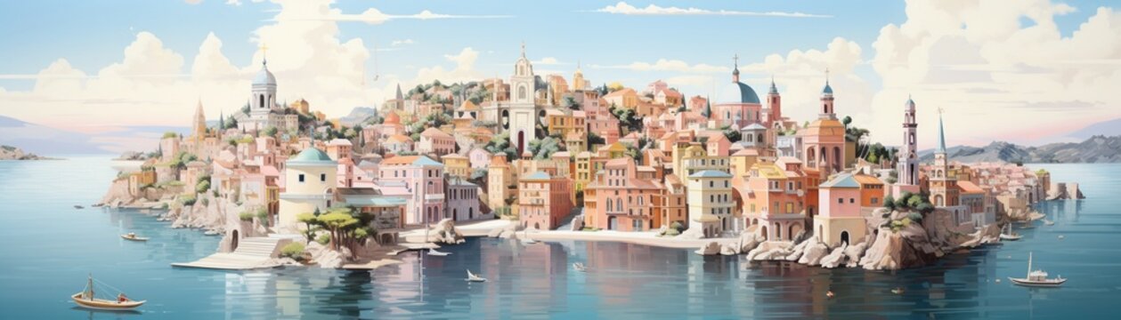 Enchanting 3D isometric rendition of Italys coastal towns in dreamy pastel colors