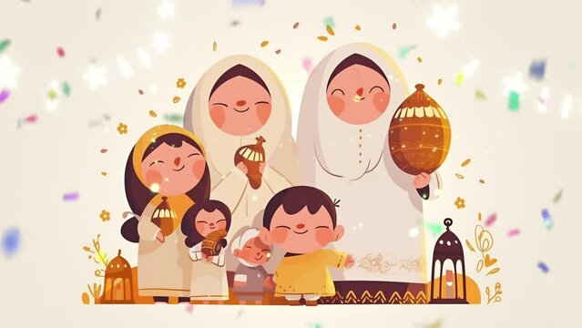 colorful animation of happy family celebrating Eid Mubarak, the festival that marks the end of Ramadan, the Islamic holy month of fasting. spirit of togetherness and happiness. 4k loop animation
