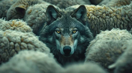 Fotobehang A wolf hiding among a flock of sheep, A concept of hidden danger or deception. © Terim