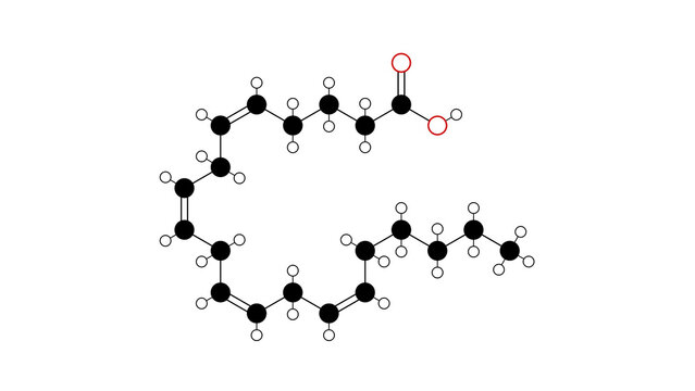 arachidonic acid molecule, structural chemical formula, ball-and-stick model, isolated image polyunsaturated omega-6 fatty acid