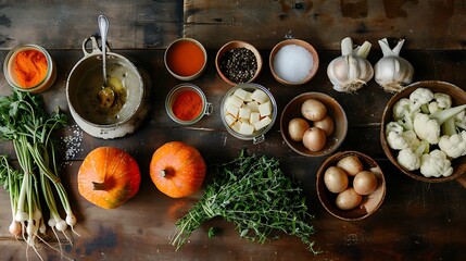 Ingredients for a hearty vegetable soup laid out on a table
