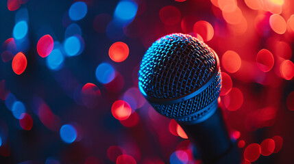 Professional microphone, blue and red lights bokeh background