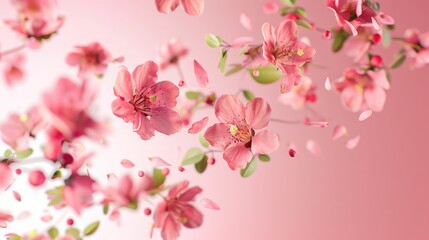 Fresh quince blossom, beautiful pink flowers falling in the air isolated on pink background. Zero gravity or levitation, spring flowers conception