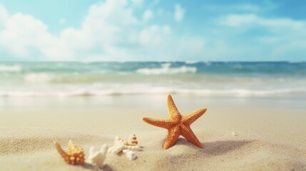 Fototapeta na wymiar Starfish on the beach. Summer background with copy space for text